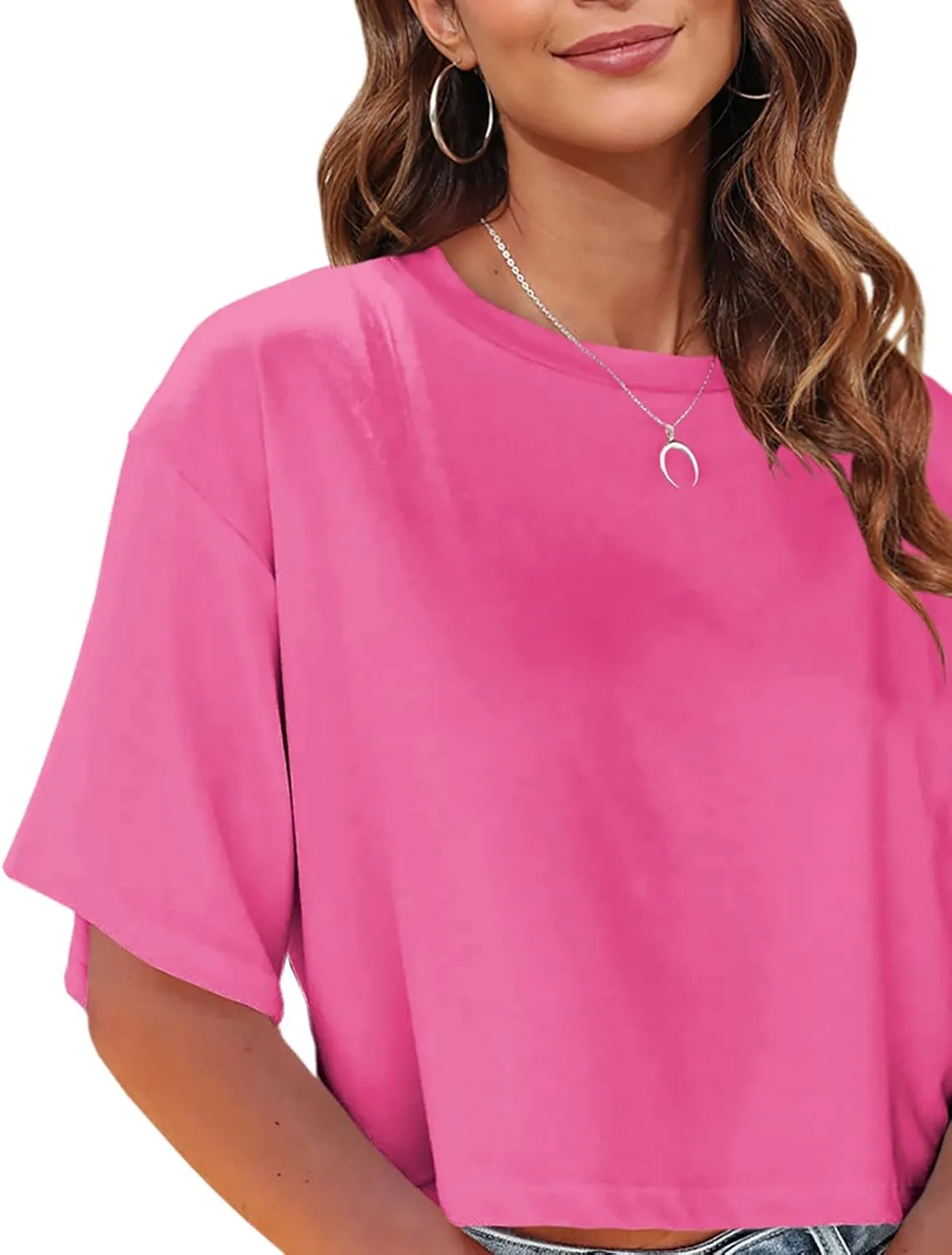 Tankaneo Women Half Sleeve Cropped T-Shirts Drop Shoulder Round Neck Crop Tops Casual Summer Solid Color Basic Tees