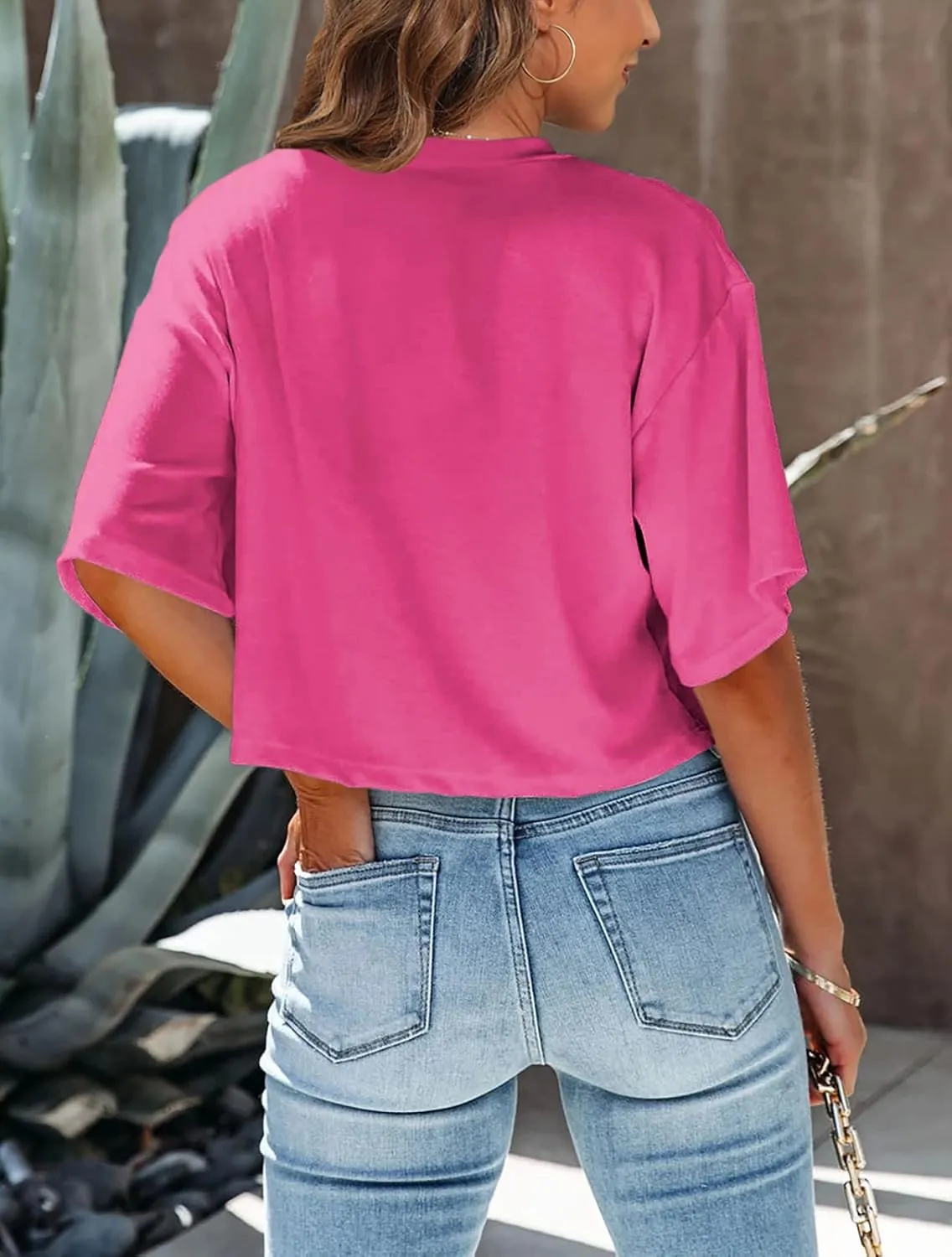 Tankaneo Women Half Sleeve Cropped T-Shirts Drop Shoulder Round Neck Crop Tops Casual Summer Solid Color Basic Tees