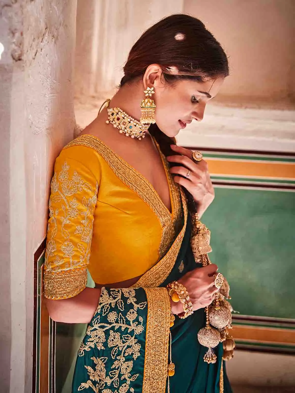 Teal Crepe Silk Embroidered Saree With Unstitched Blouse