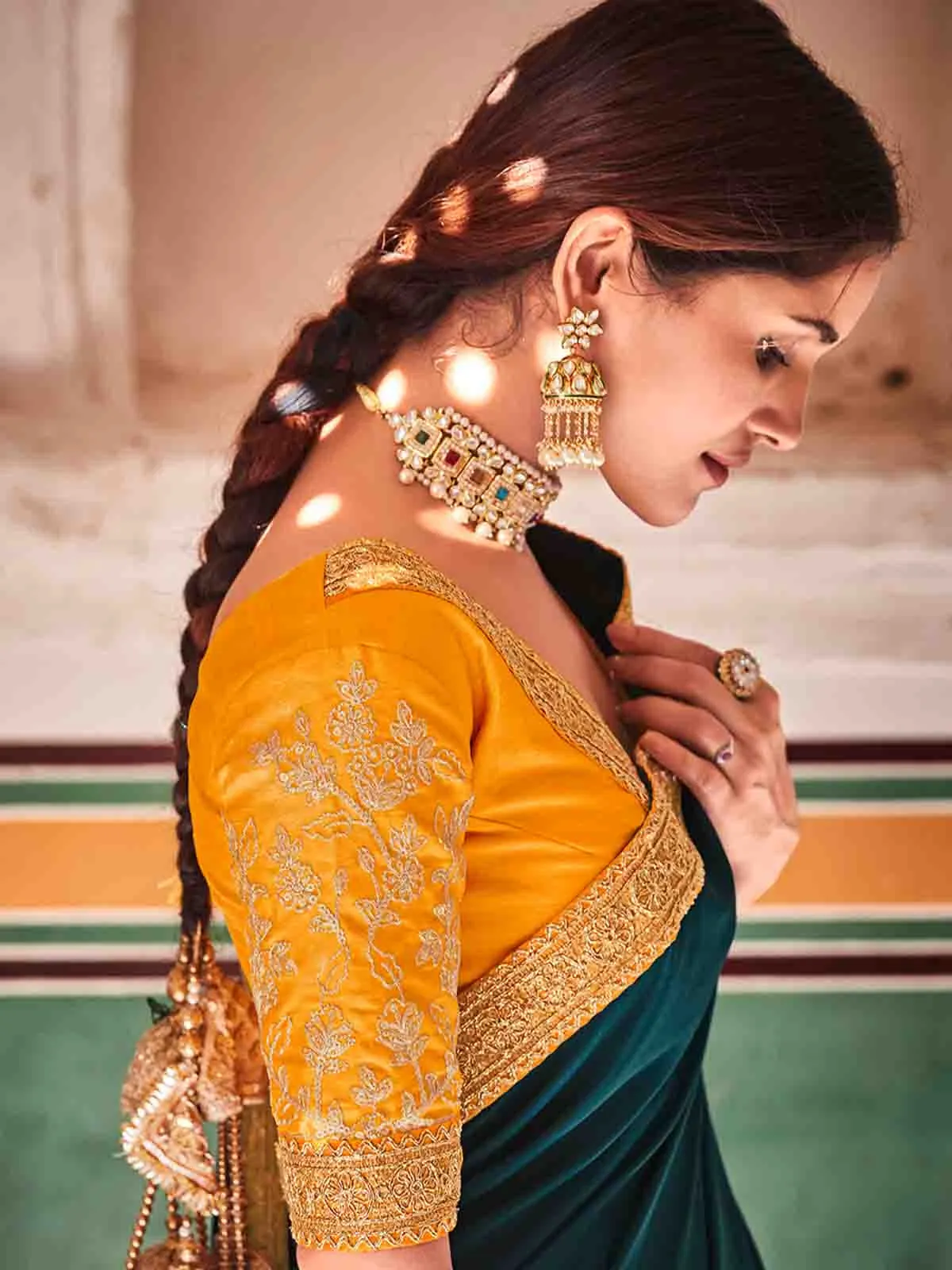 Teal Crepe Silk Embroidered Saree With Unstitched Blouse