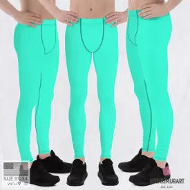 Turquoise Neon Blue Best Meggings, Solid Bright Blue Color Men's Running Leggings -Made in USA/EU