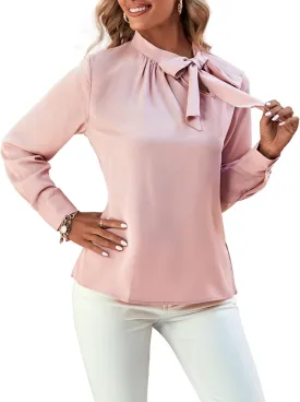 Umenlele Women's Elegant Tie Knot Mock Neck Ruched Long Sleeve Blouse Shirt Top