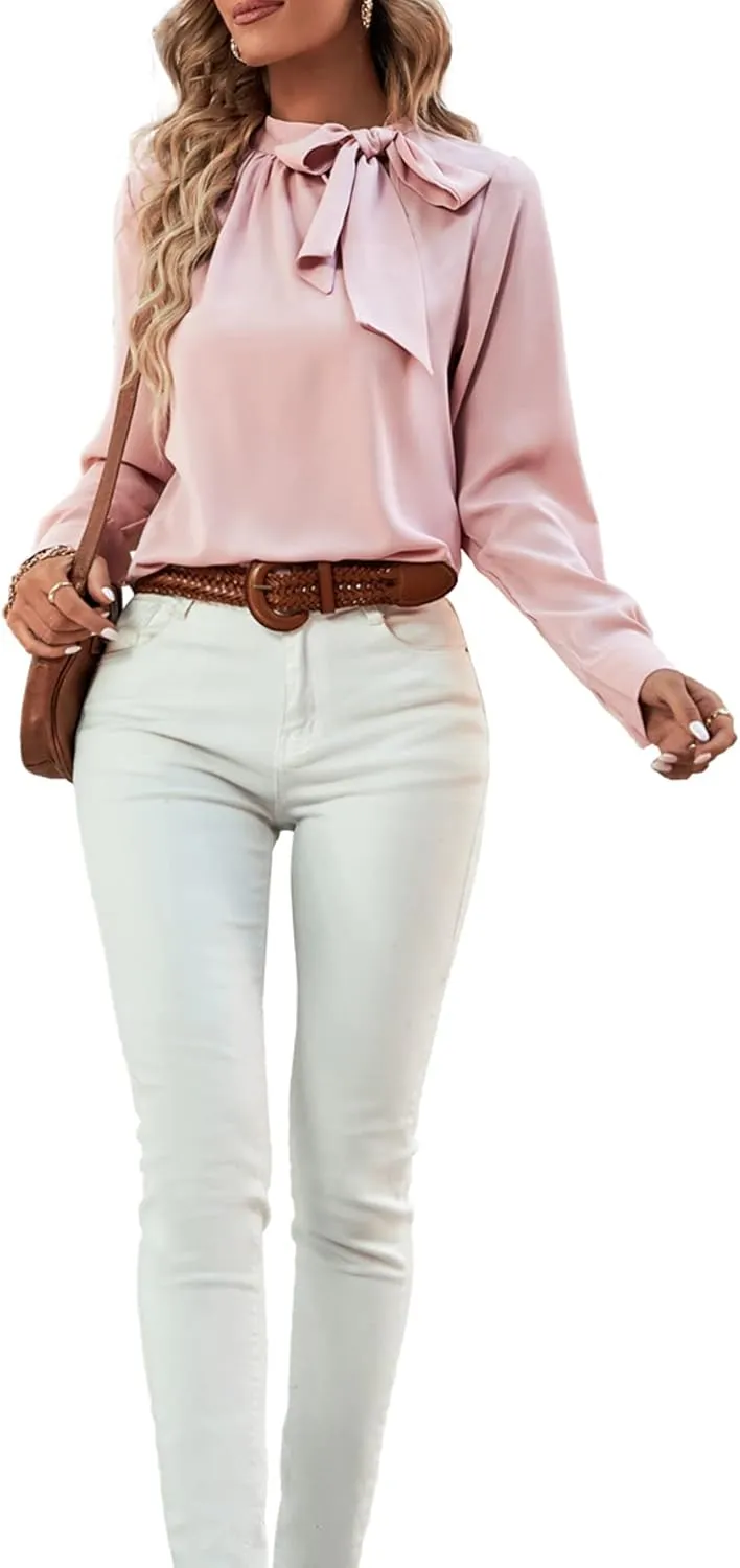 Umenlele Women's Elegant Tie Knot Mock Neck Ruched Long Sleeve Blouse Shirt Top