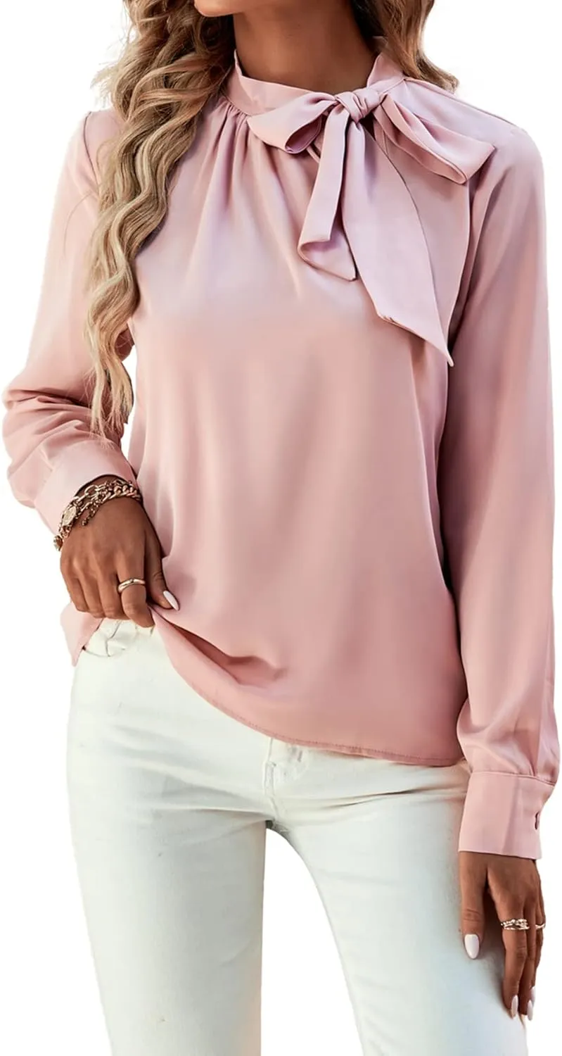 Umenlele Women's Elegant Tie Knot Mock Neck Ruched Long Sleeve Blouse Shirt Top