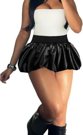 Unybwonn Women Bubble Skirt Metallic Satin Ruffle Puffy Balloon Mini Skirts High Waist Pleated Cute Flared Short Skirt