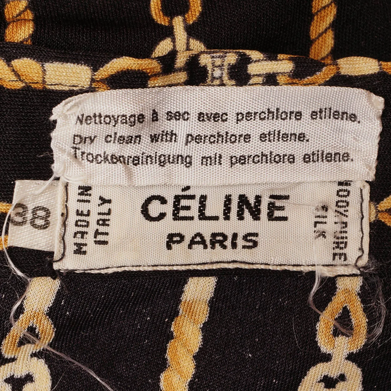 Vintage Celine Paris Black Silk Jersey Shirt Blouse 1970s Chain Pattern Size S 38