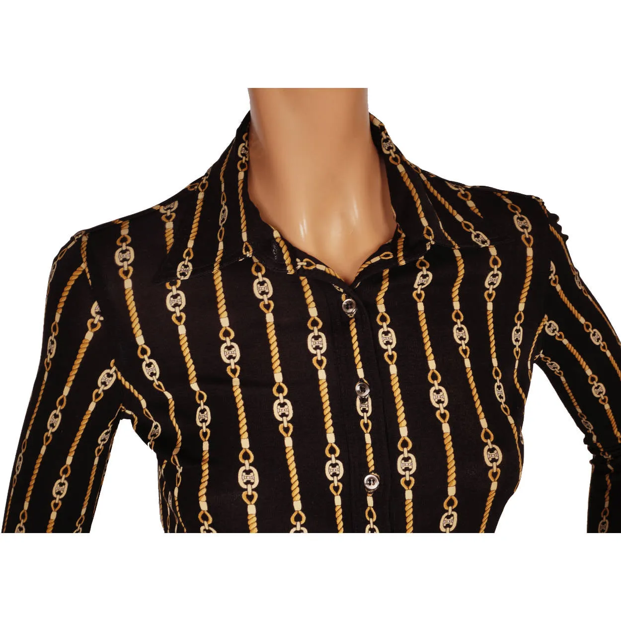 Vintage Celine Paris Black Silk Jersey Shirt Blouse 1970s Chain Pattern Size S 38