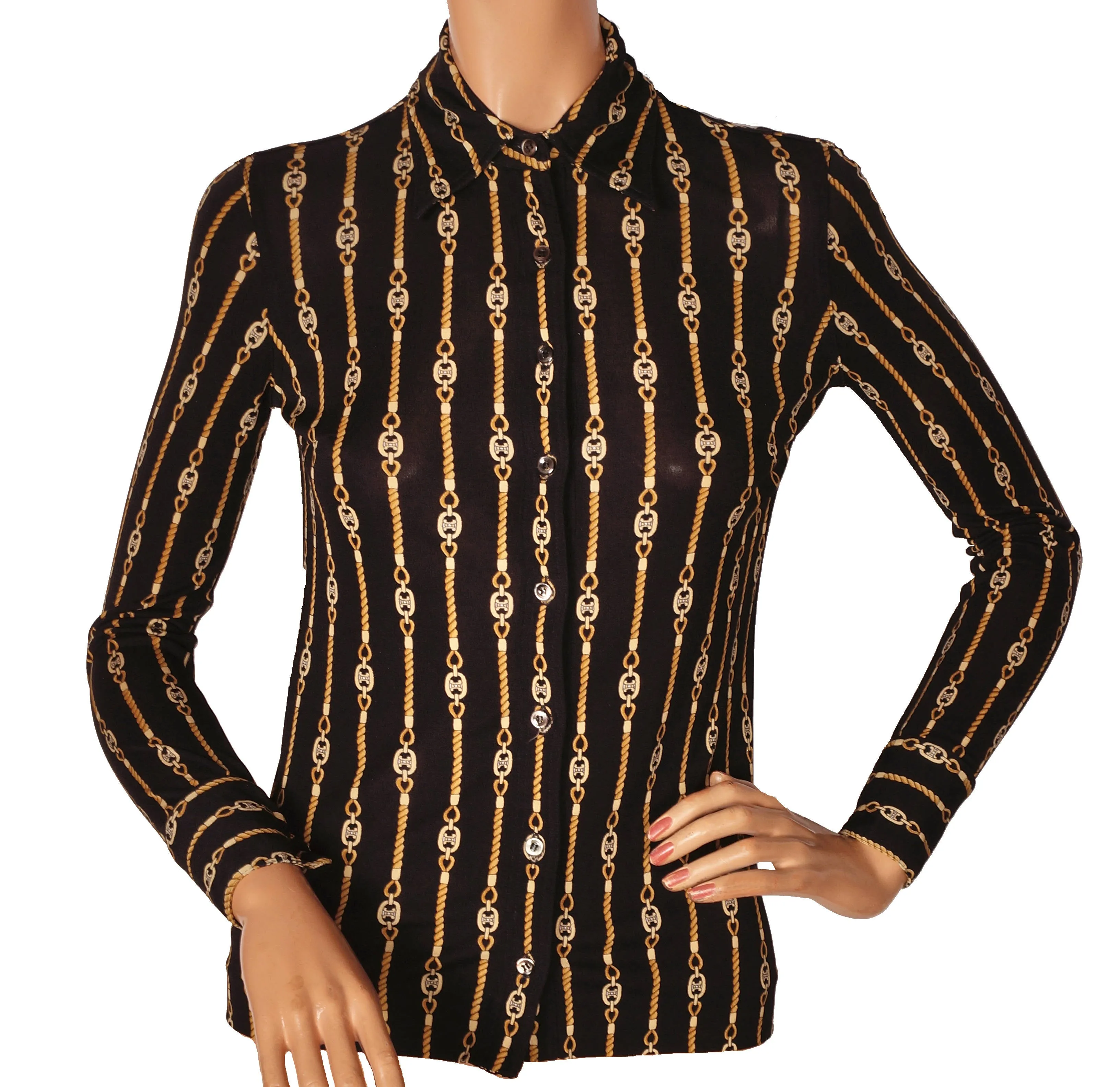Vintage Celine Paris Black Silk Jersey Shirt Blouse 1970s Chain Pattern Size S 38