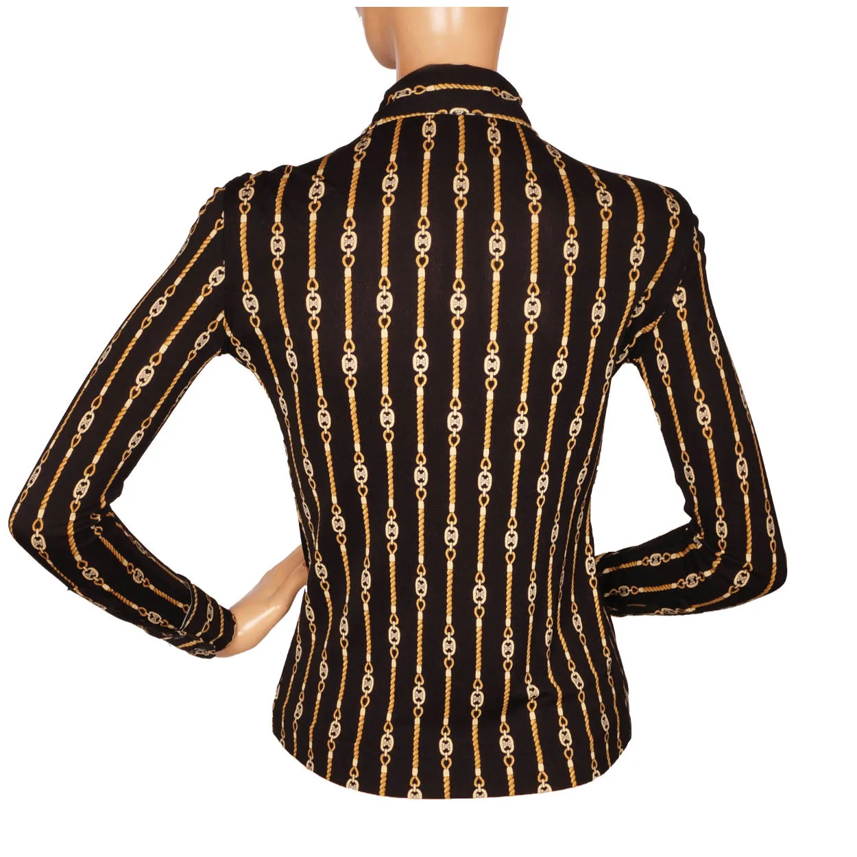 Vintage Celine Paris Black Silk Jersey Shirt Blouse 1970s Chain Pattern Size S 38