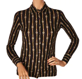 Vintage Celine Paris Black Silk Jersey Shirt Blouse 1970s Chain Pattern Size S 38