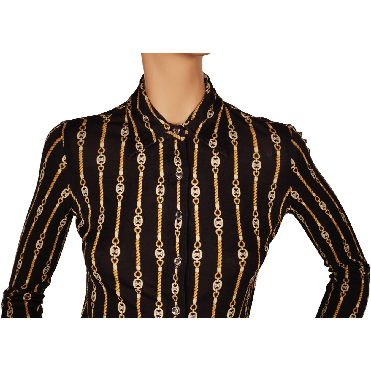 Vintage Celine Paris Black Silk Jersey Shirt Blouse 1970s Chain Pattern Size S 38