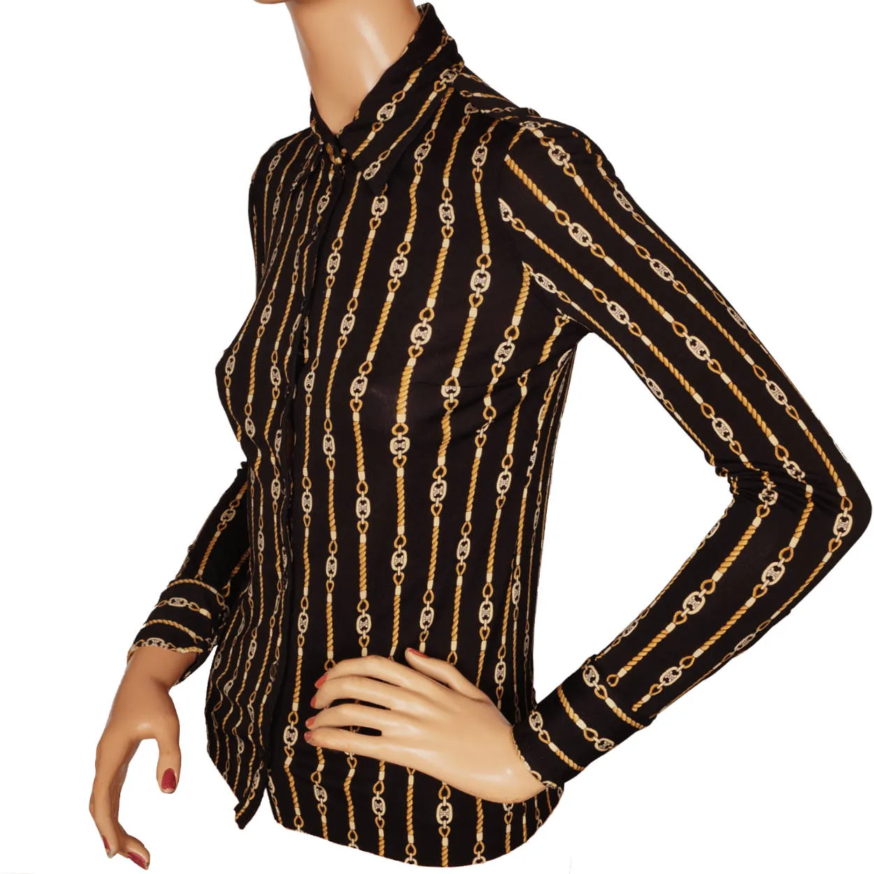 Vintage Celine Paris Black Silk Jersey Shirt Blouse 1970s Chain Pattern Size S 38