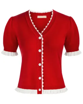 Vintage Contrast Color Cardigan Sweater Short Sleeve V-Neck Knitwear