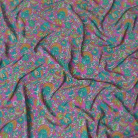 Violet silk crepe fabric with off white, blue, green, grey and yellow prints in floral design - D9916