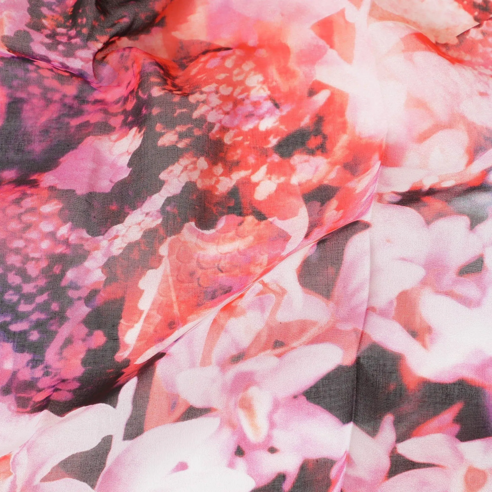 White Swiss 100% cotton voile fabric with baby pink, black, dark orange and off white print in floral design-D7214