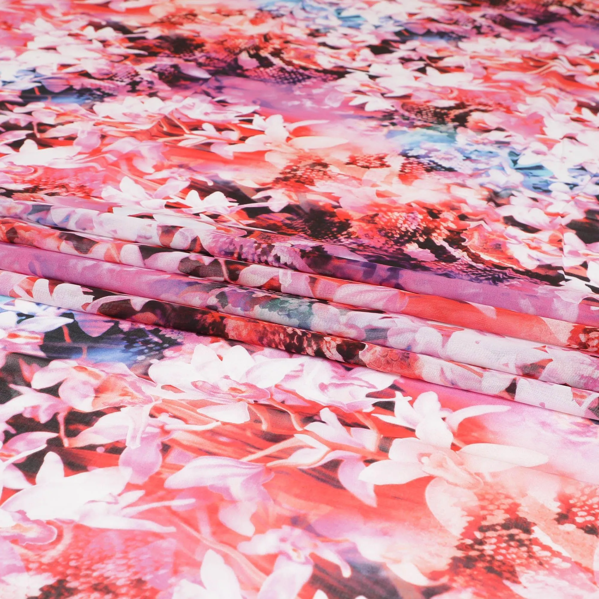 White Swiss 100% cotton voile fabric with baby pink, black, dark orange and off white print in floral design-D7214