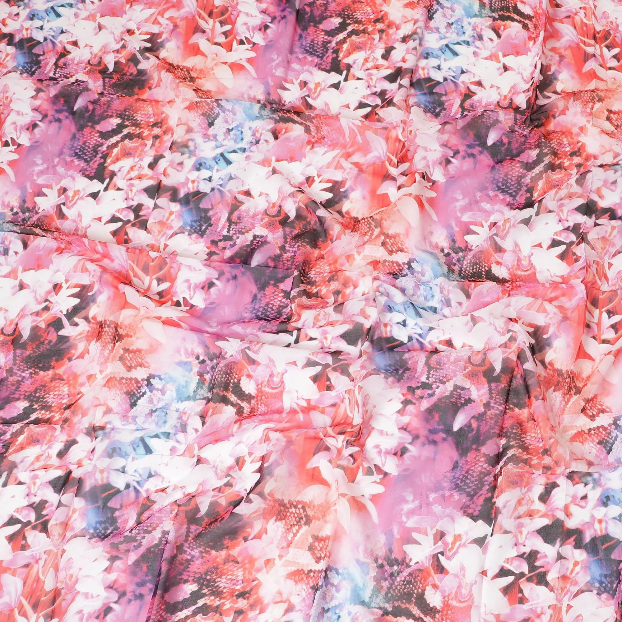White Swiss 100% cotton voile fabric with baby pink, black, dark orange and off white print in floral design-D7214