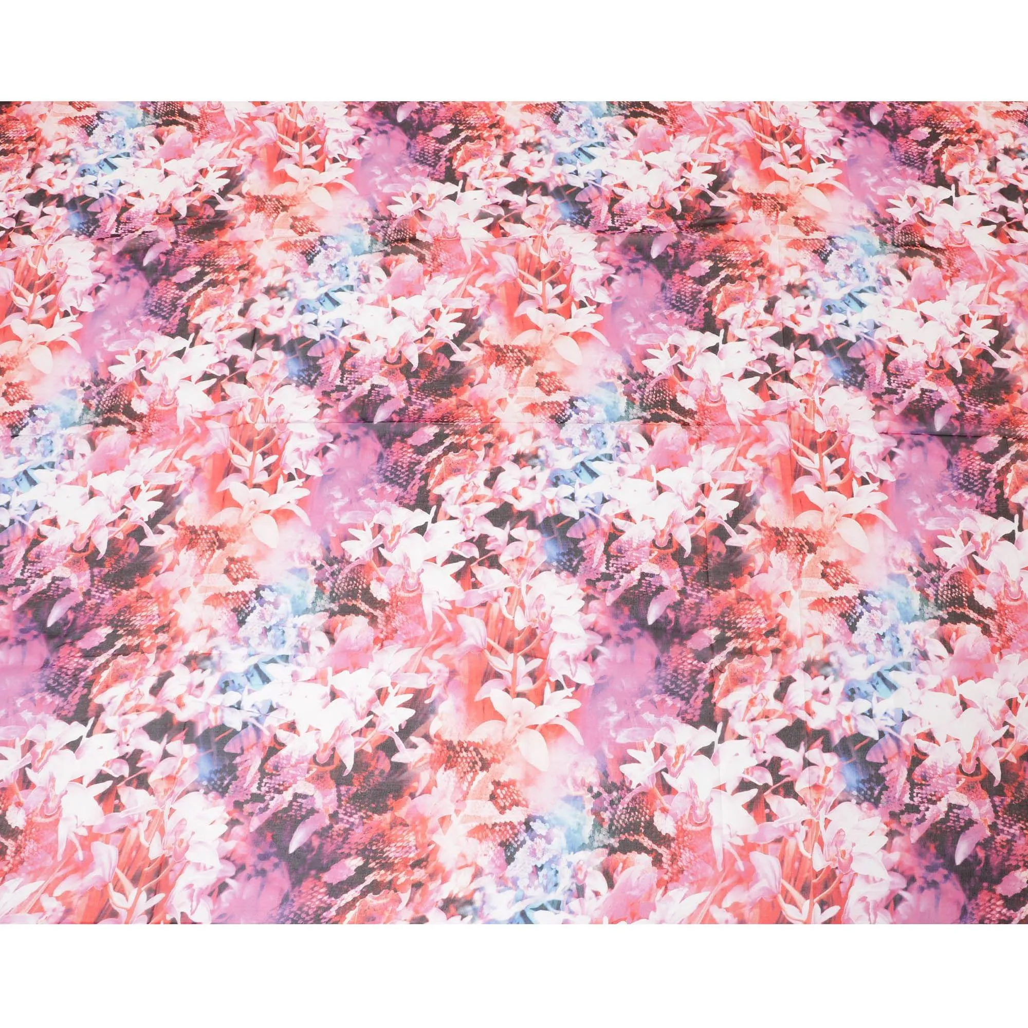 White Swiss 100% cotton voile fabric with baby pink, black, dark orange and off white print in floral design-D7214