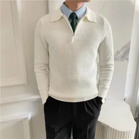 Wiaofellas  -  guys clothing styles Men's Clothing Luxury Knit Pullover Zipper Polo Neck Sweater Leisure Streetwear Popular Retro Solid Color Long Sleeve Knitwear