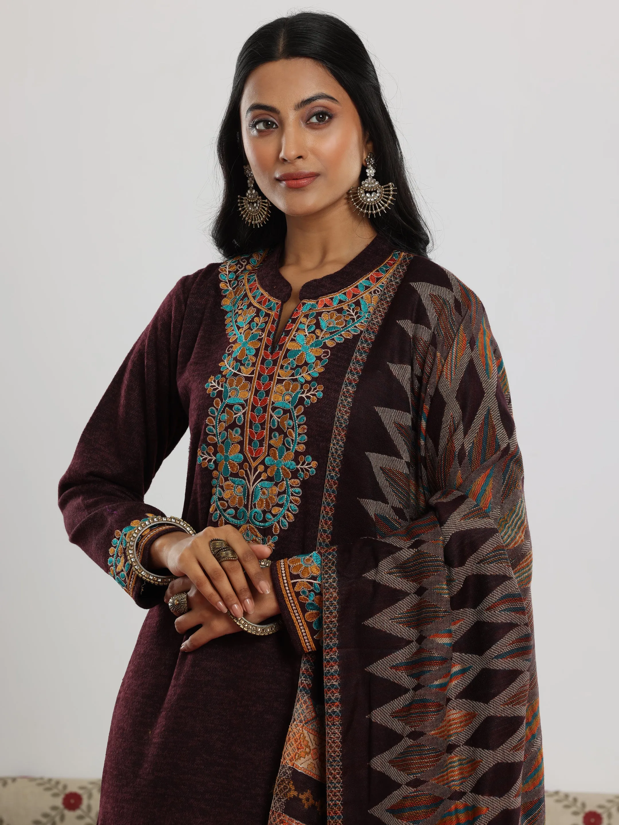 Wine Embroidered Wool Blend Straight Suit With Dupatta