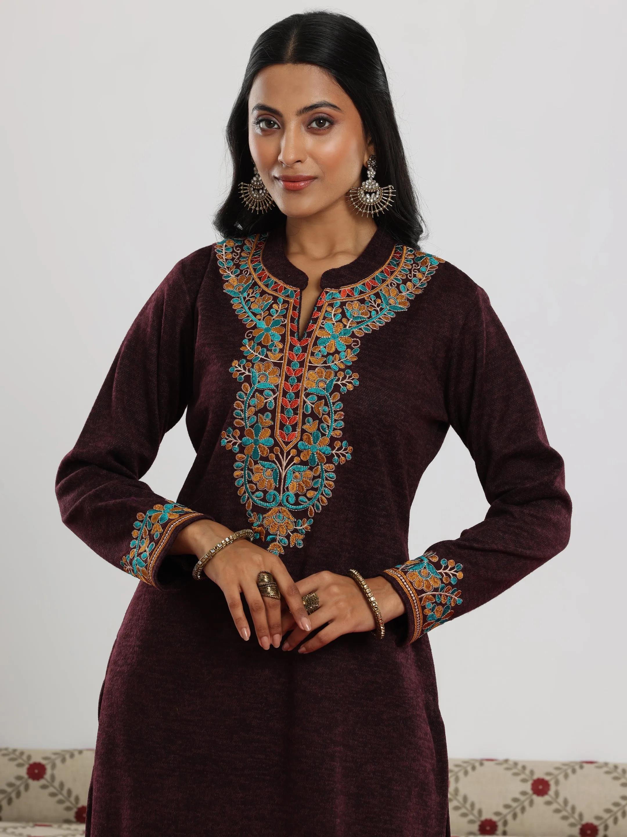 Wine Embroidered Wool Blend Straight Suit With Dupatta