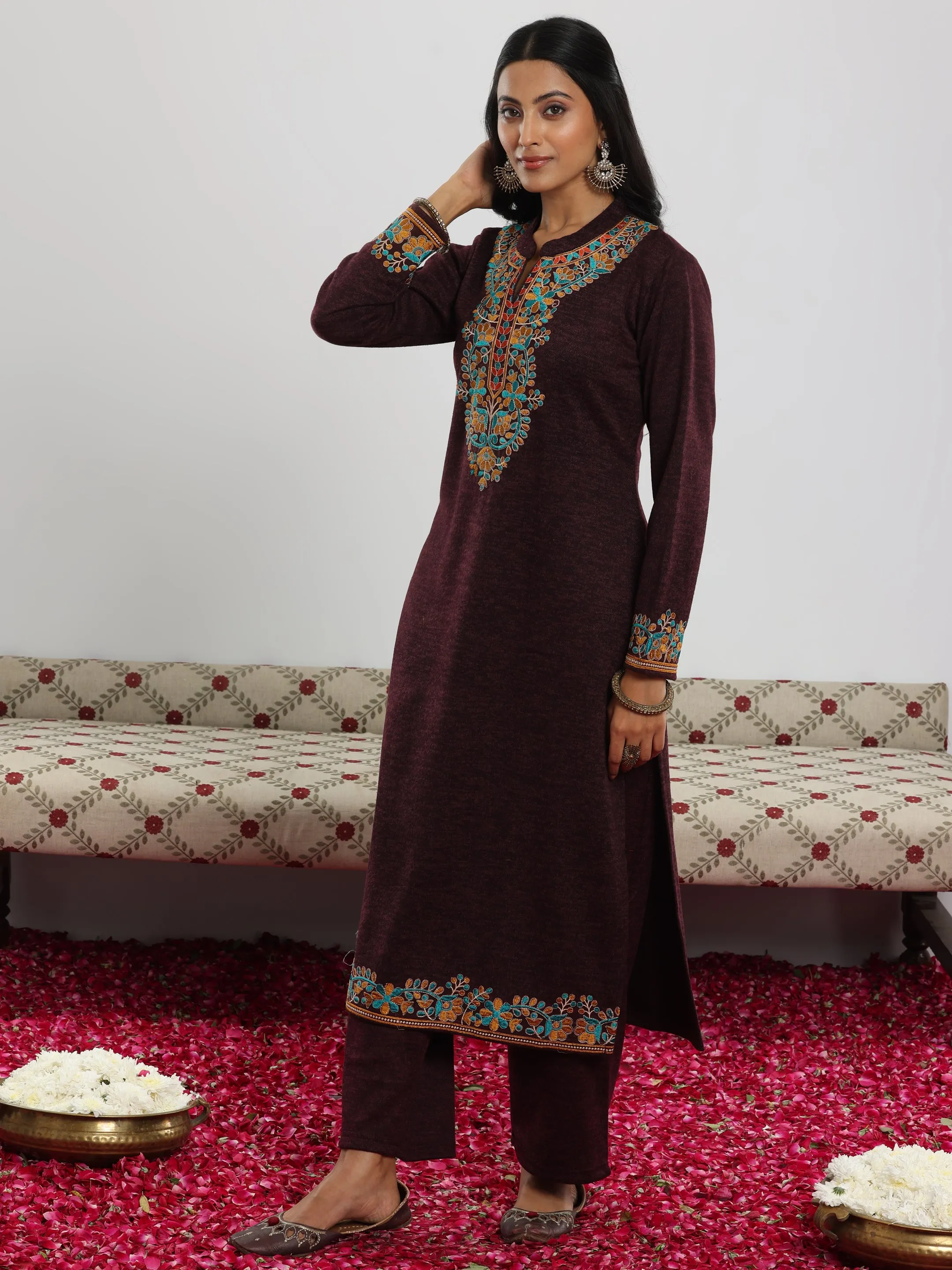 Wine Embroidered Wool Blend Straight Suit With Dupatta