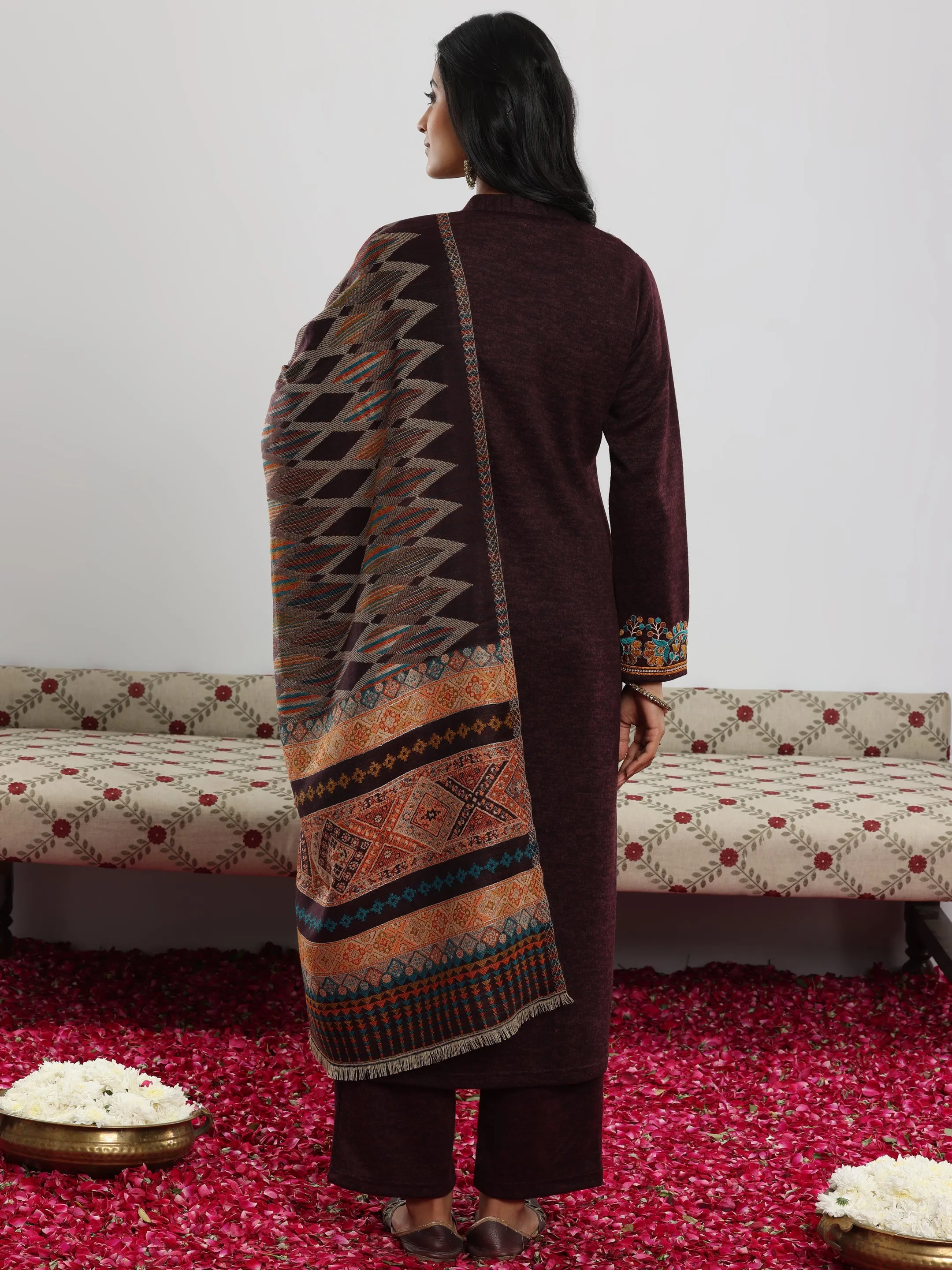 Wine Embroidered Wool Blend Straight Suit With Dupatta
