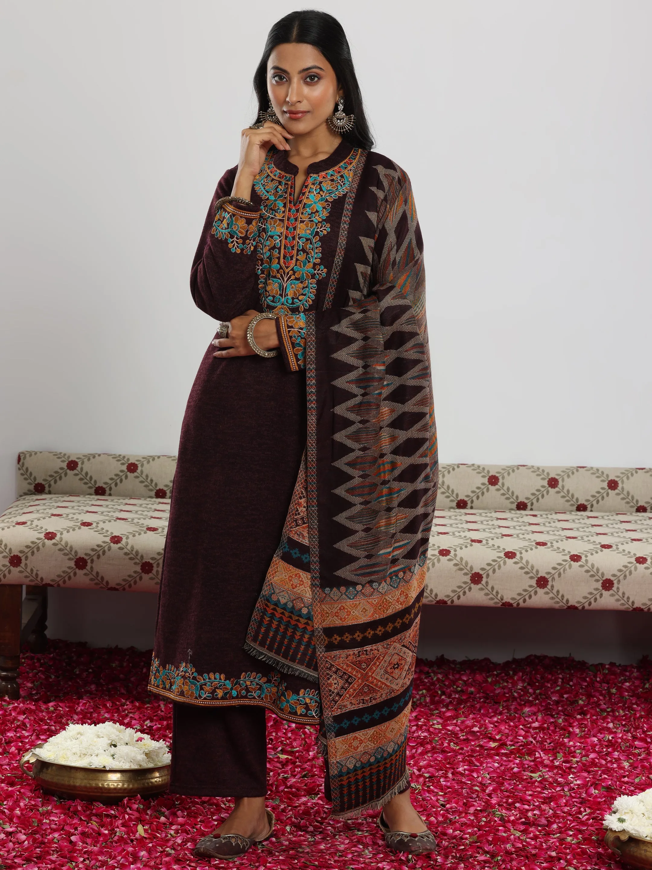 Wine Embroidered Wool Blend Straight Suit With Dupatta