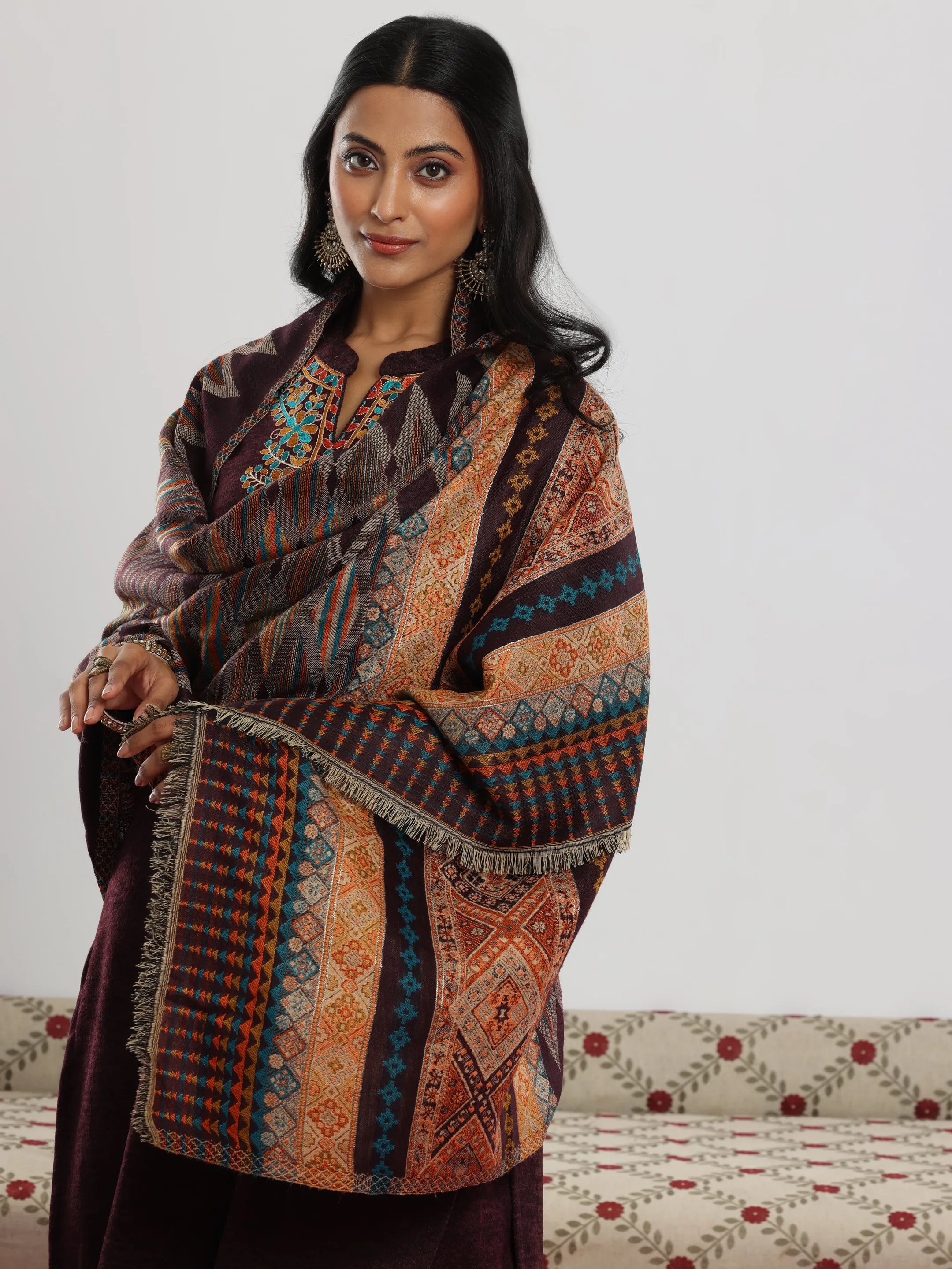 Wine Embroidered Wool Blend Straight Suit With Dupatta