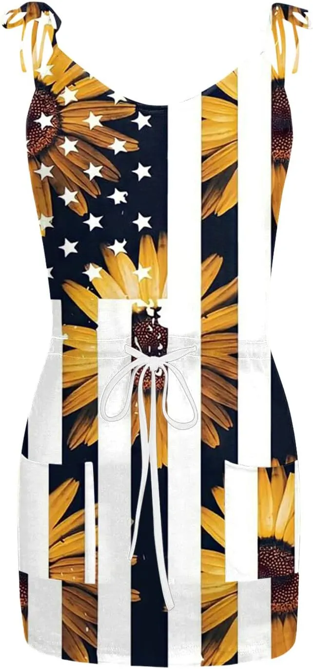 Women 4th of July Flag Tank Dress Summer Casual Striped Patriotic Dress Sleeveless Drawstring Waist Sundress