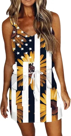 Women 4th of July Flag Tank Dress Summer Casual Striped Patriotic Dress Sleeveless Drawstring Waist Sundress