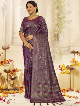 Women Lavender Satin Silk Saree With Un Stitched Blouse