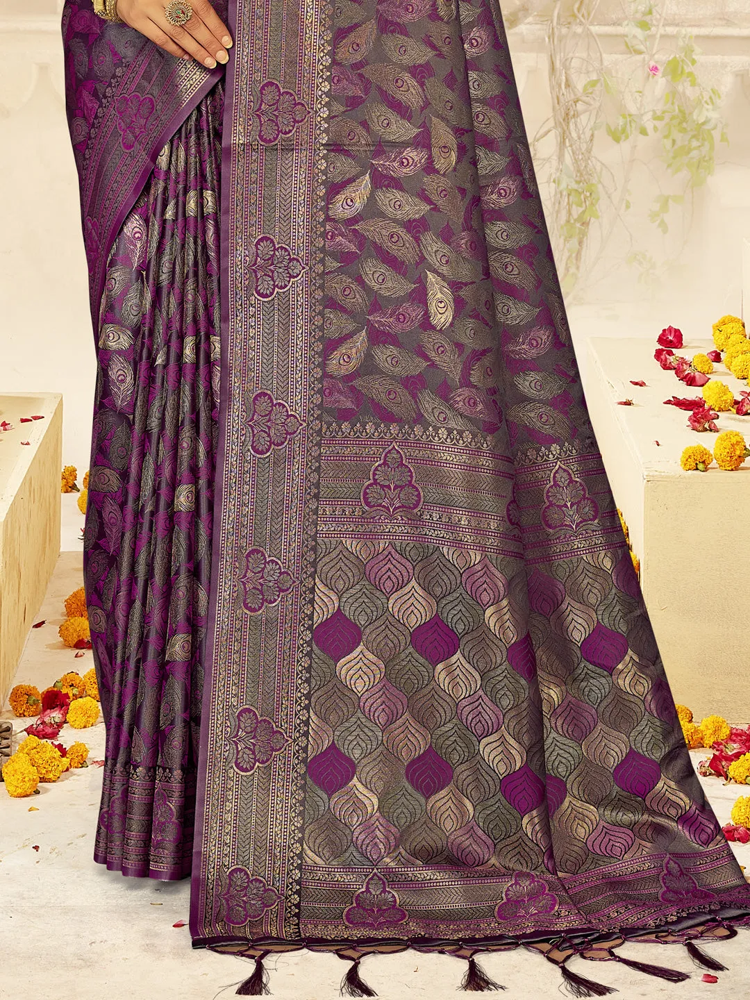 Women Lavender Satin Silk Saree With Un Stitched Blouse