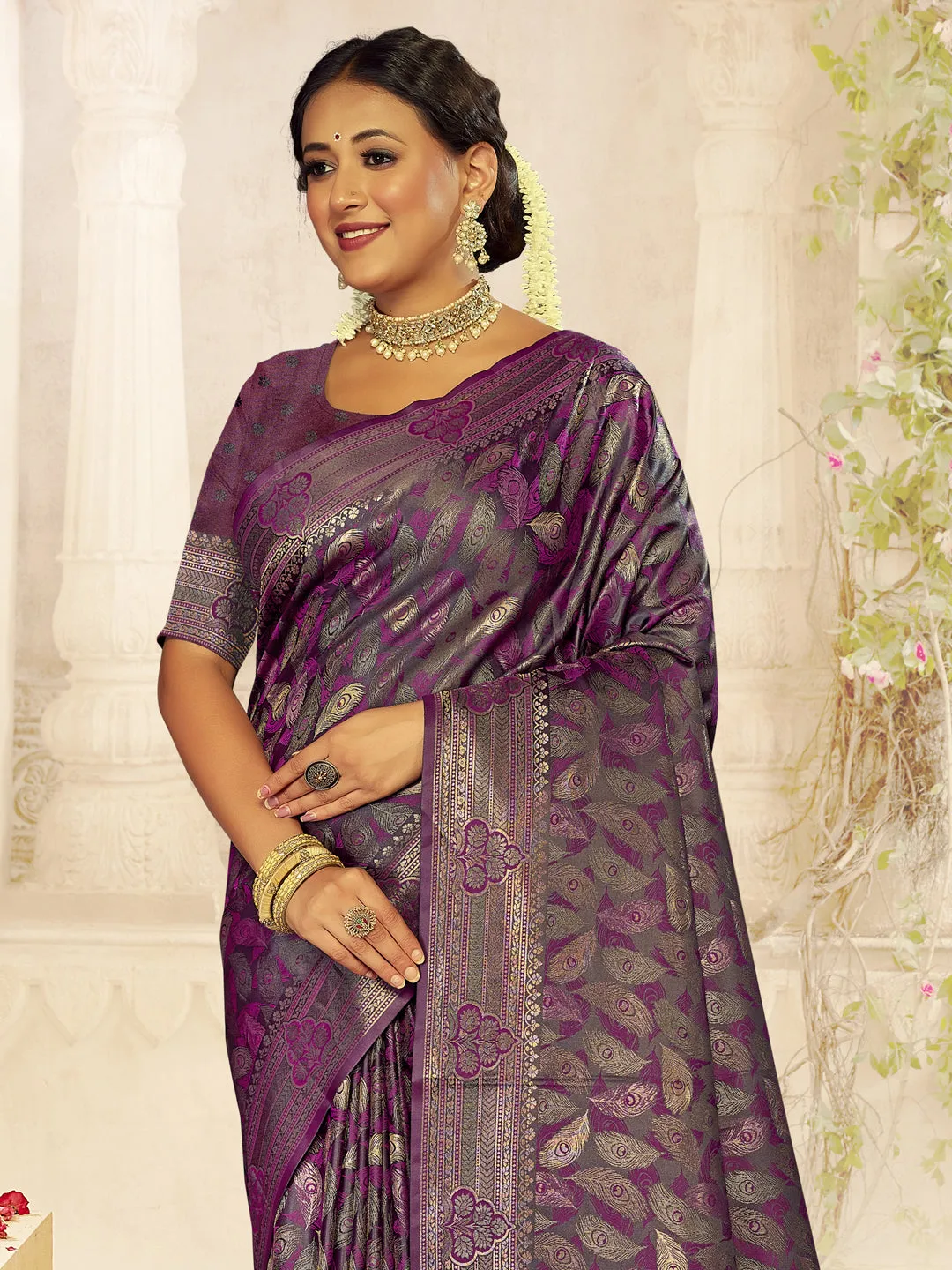 Women Lavender Satin Silk Saree With Un Stitched Blouse