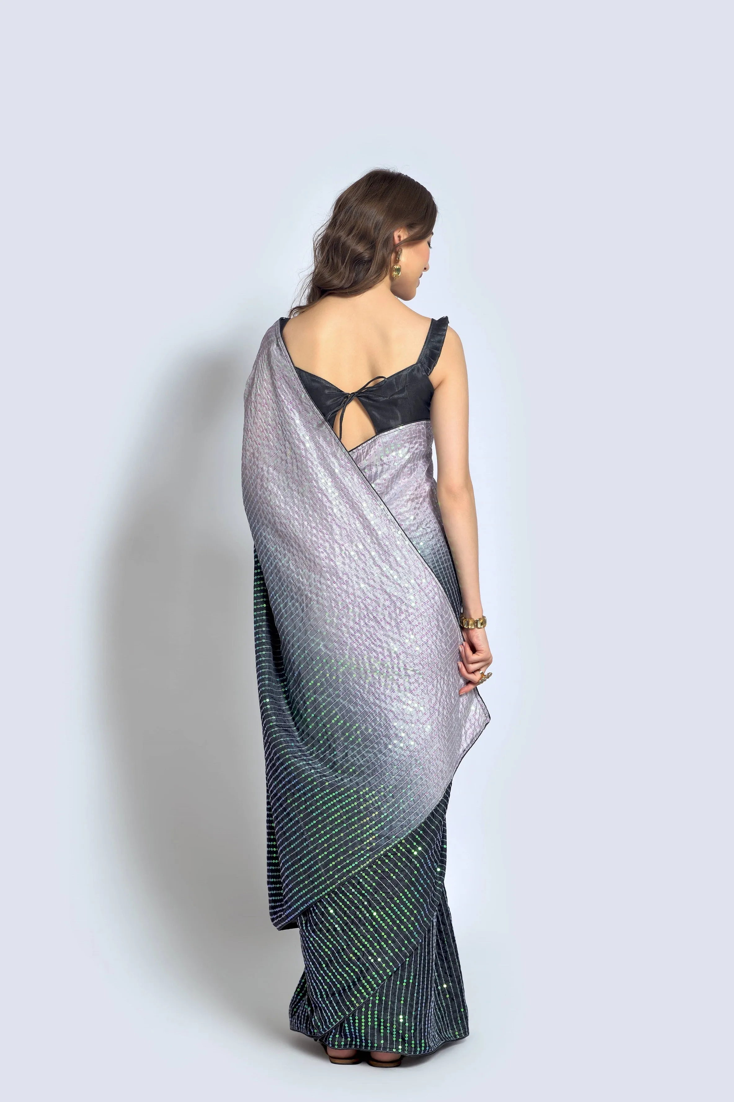 Women Party Wear Designer Black & Off white Colour Vichitra Silk Fabric Sequence Embroidery Worked Saree Collection
