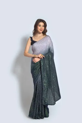 Women Party Wear Designer Black & Off white Colour Vichitra Silk Fabric Sequence Embroidery Worked Saree Collection