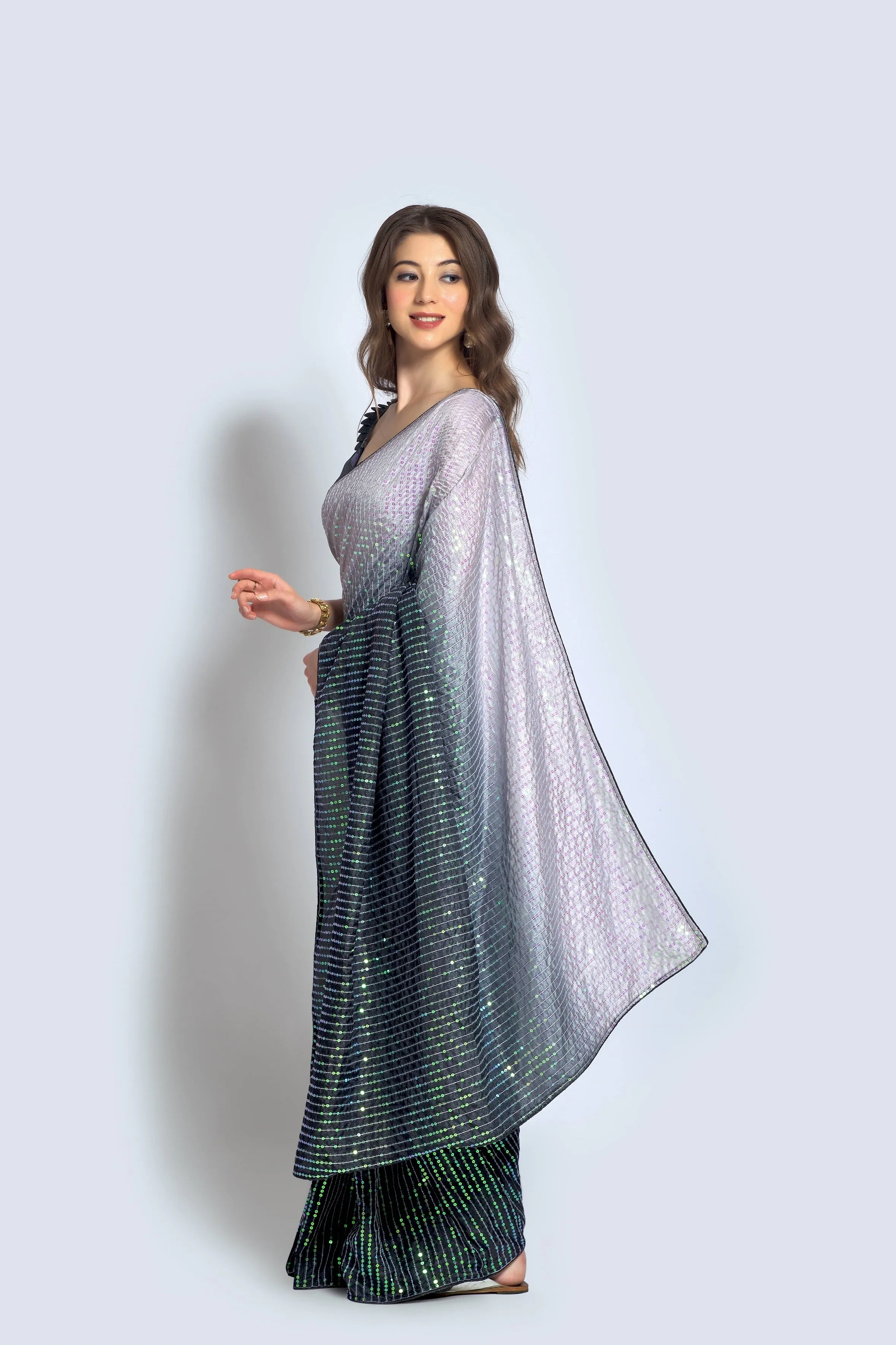 Women Party Wear Designer Black & Off white Colour Vichitra Silk Fabric Sequence Embroidery Worked Saree Collection