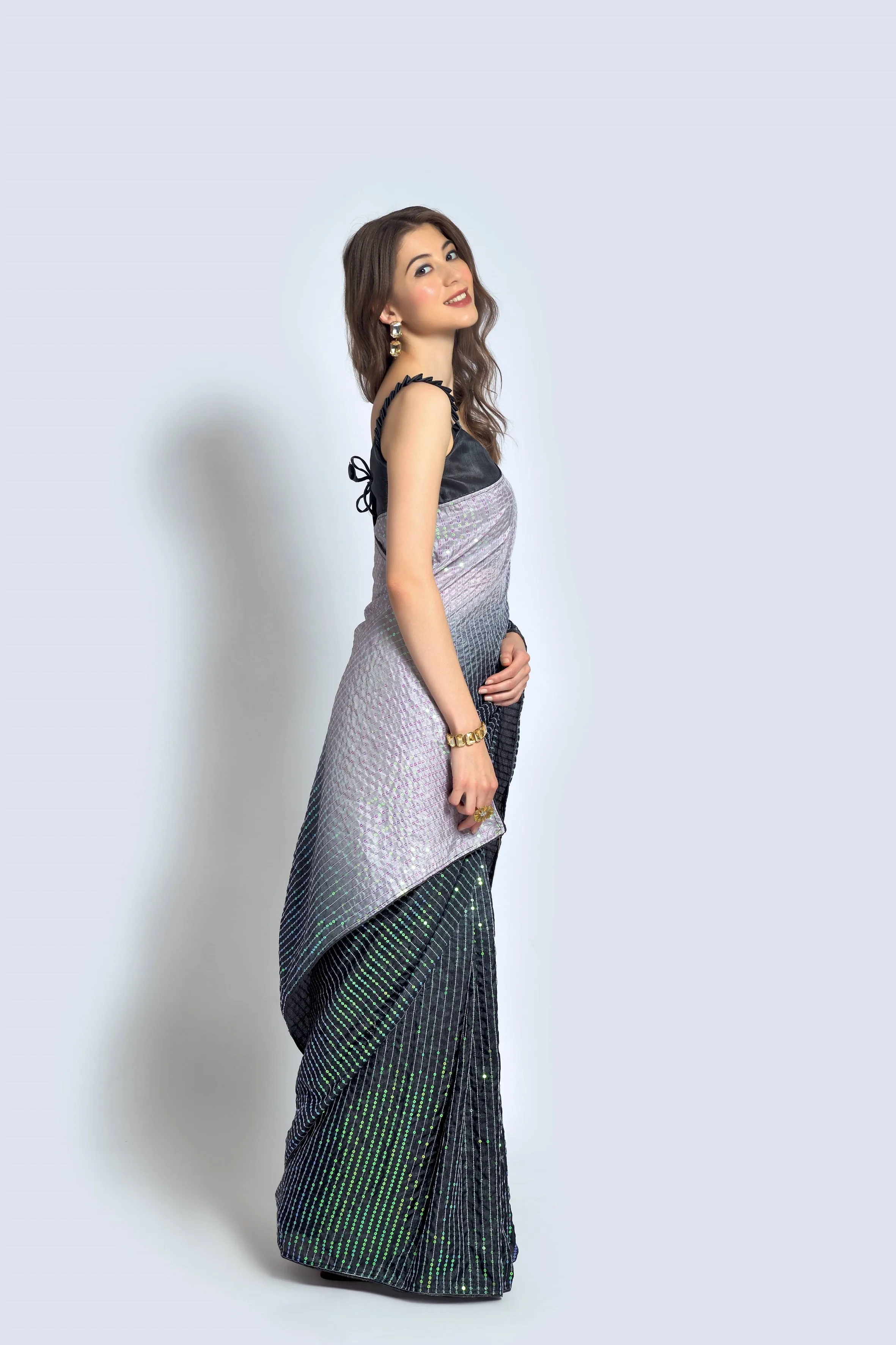 Women Party Wear Designer Black & Off white Colour Vichitra Silk Fabric Sequence Embroidery Worked Saree Collection