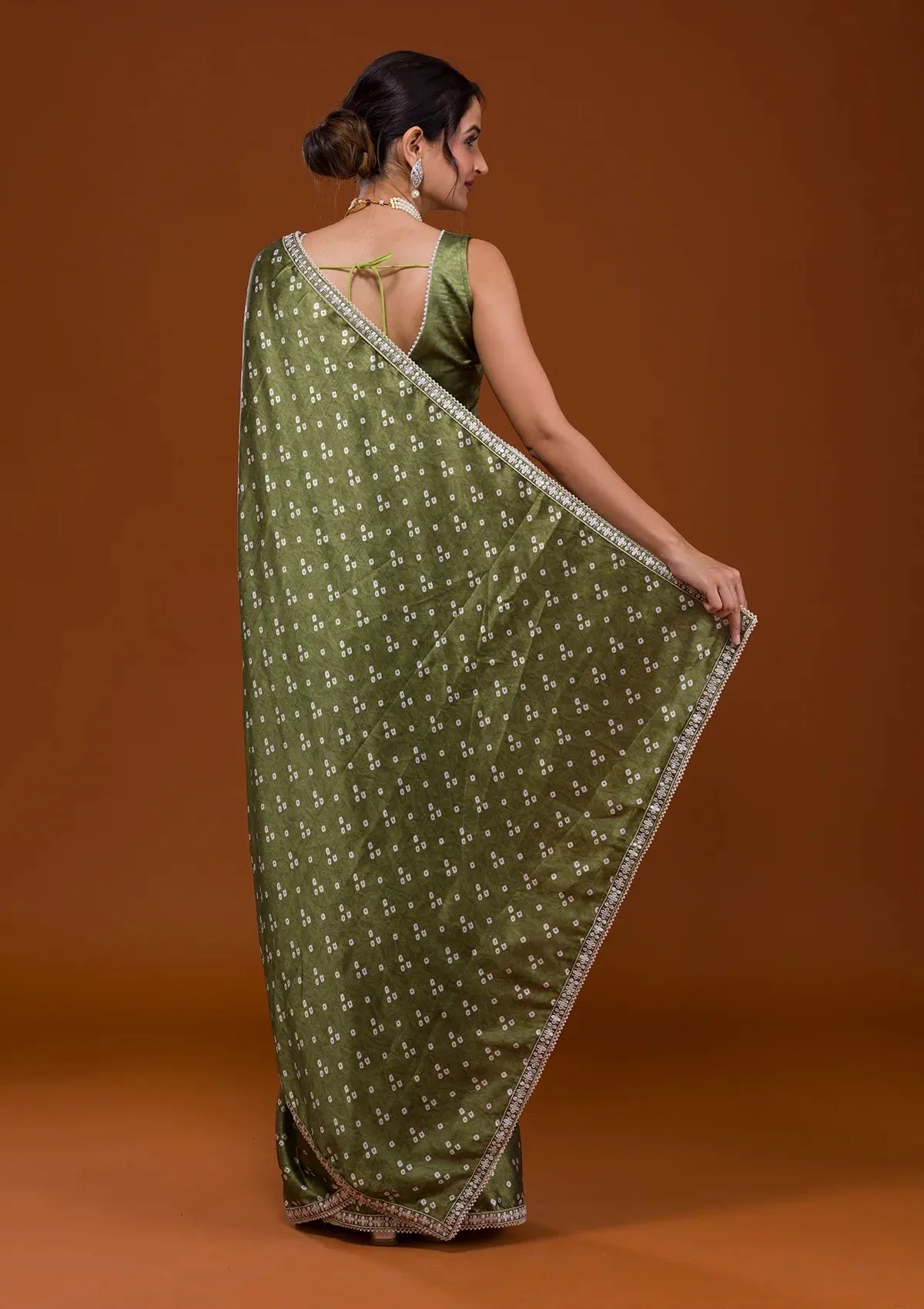 Women Party Wear Designer Green Colour Satin Fabric Bandhani Printed with Sequence Worked Lace Border