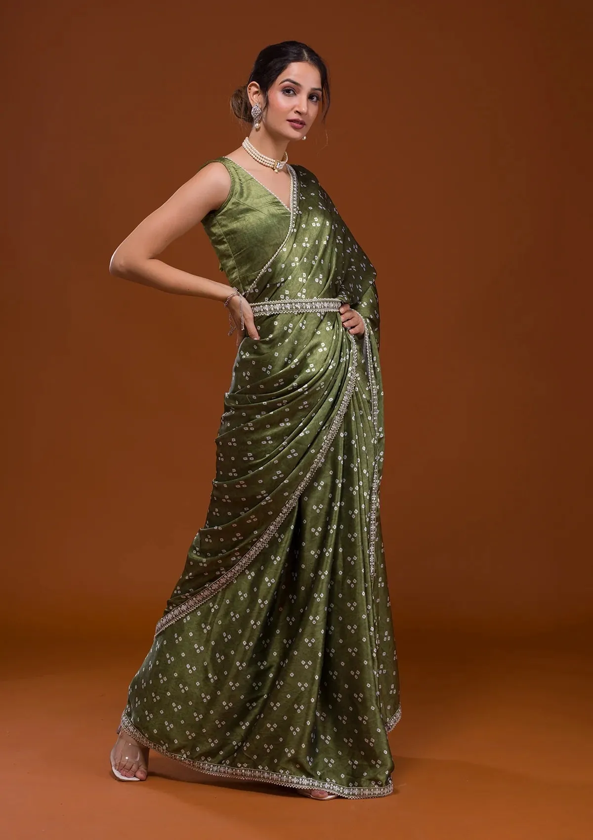Women Party Wear Designer Green Colour Satin Fabric Bandhani Printed with Sequence Worked Lace Border