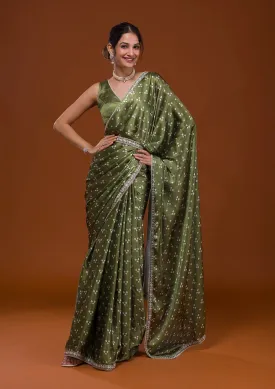 Women Party Wear Designer Green Colour Satin Fabric Bandhani Printed with Sequence Worked Lace Border