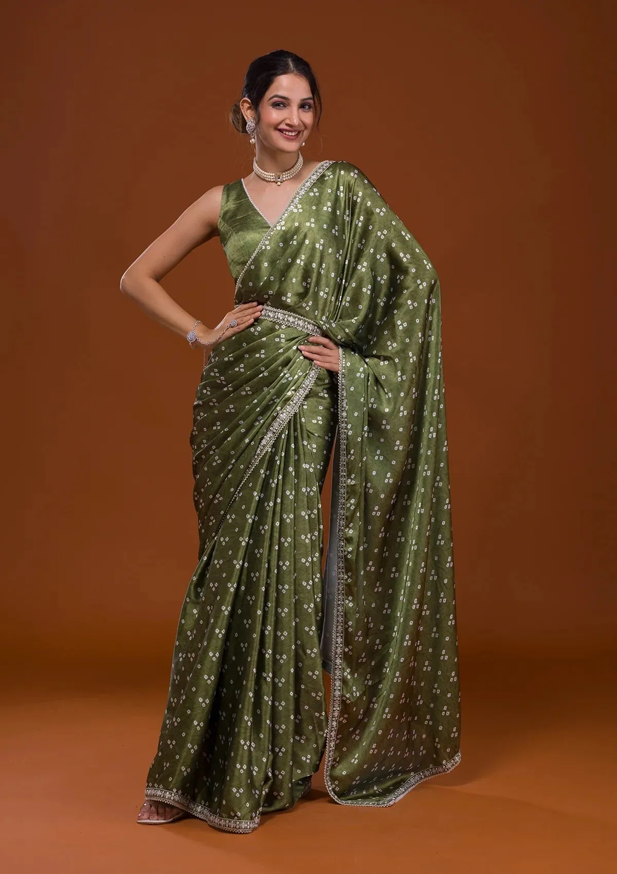 Women Party Wear Designer Green Colour Satin Fabric Bandhani Printed with Sequence Worked Lace Border