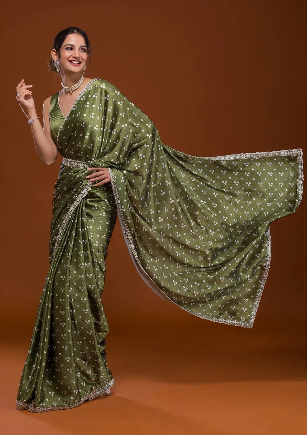 Women Party Wear Designer Green Colour Satin Fabric Bandhani Printed with Sequence Worked Lace Border