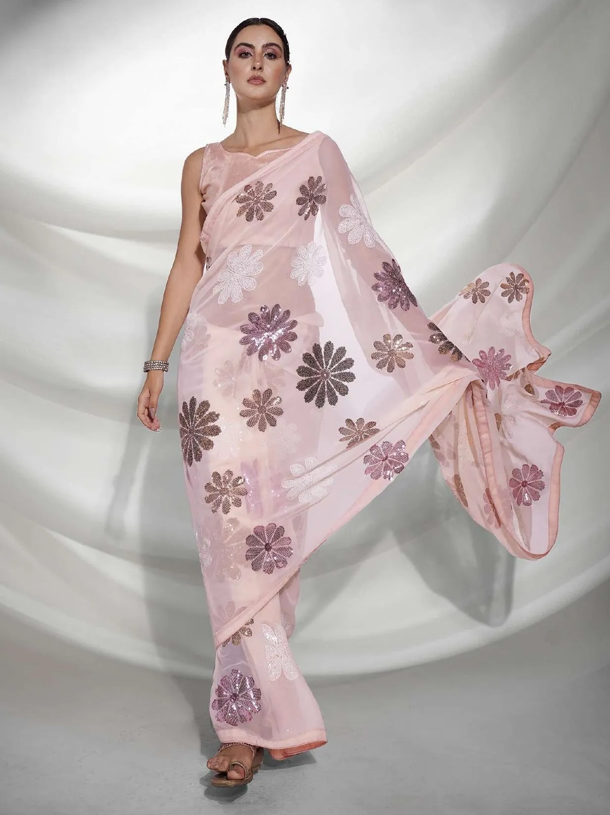 Women Party Wear Designer Sequence Worked Peach Colour Georgette Saree Collection