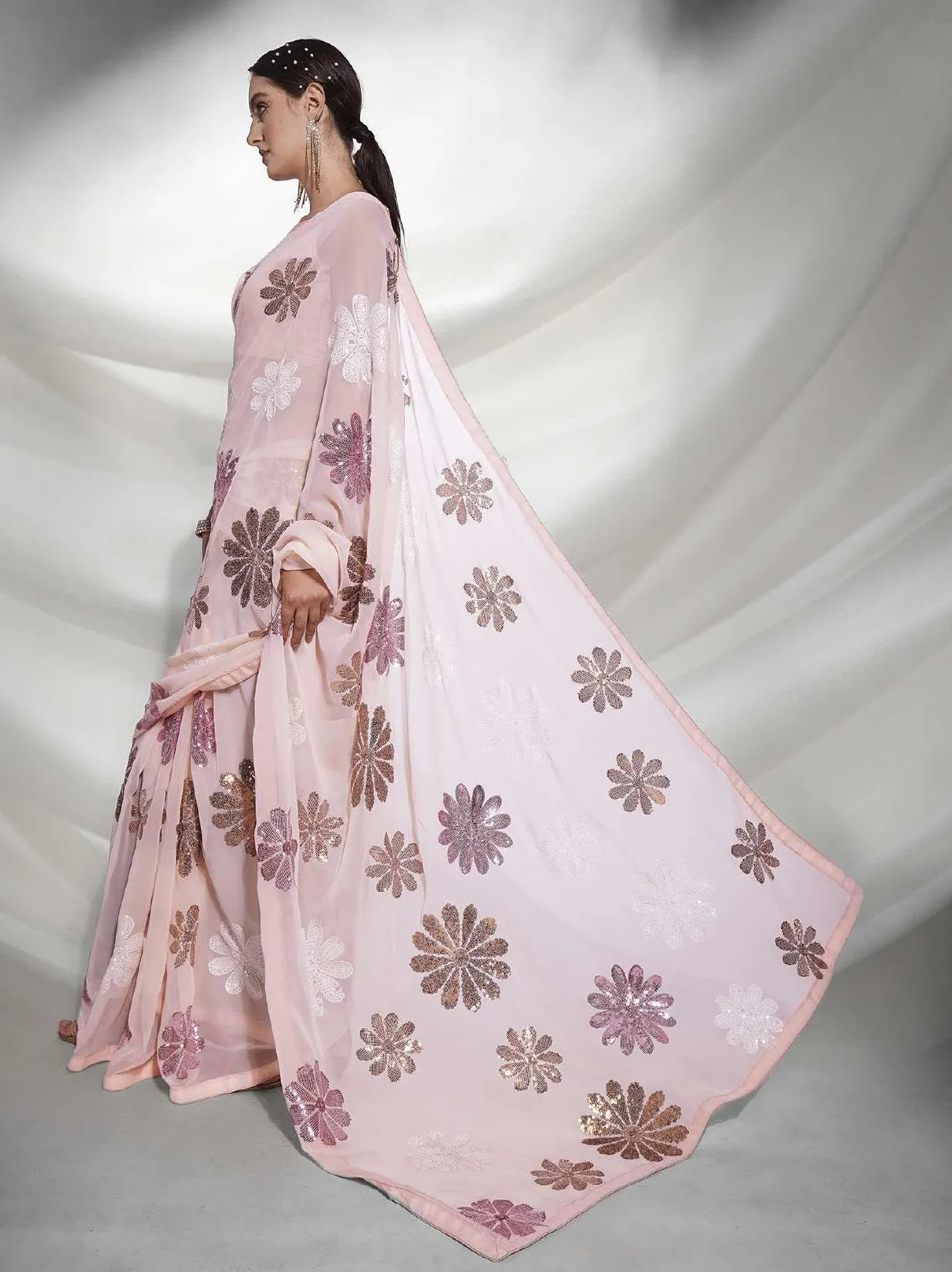 Women Party Wear Designer Sequence Worked Peach Colour Georgette Saree Collection