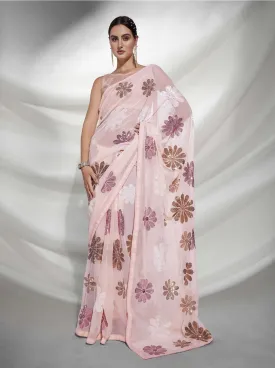 Women Party Wear Designer Sequence Worked Peach Colour Georgette Saree Collection