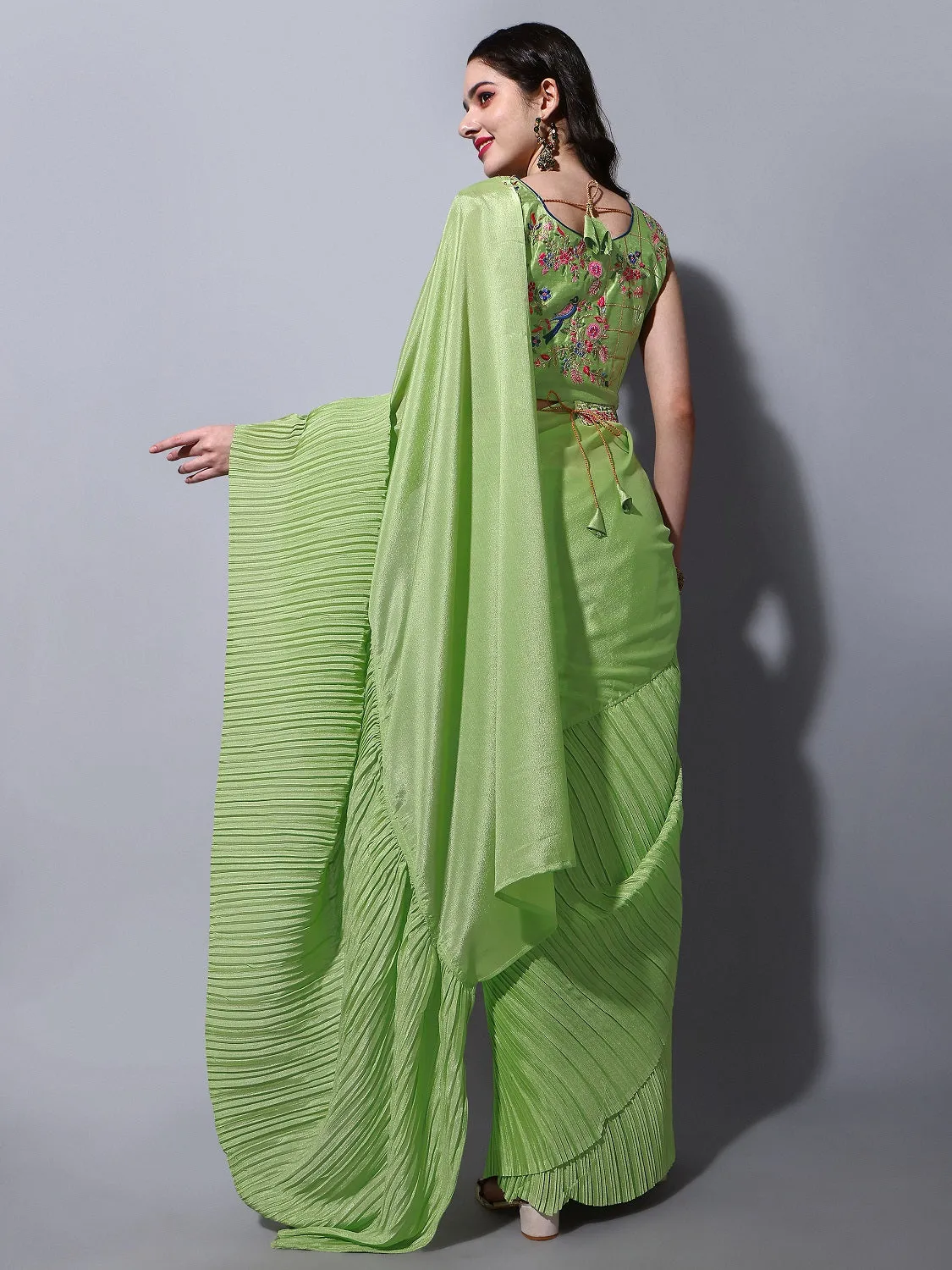 Women Party Wear Half Crush and Half Plain Pista Colour Chinon Saree Collection