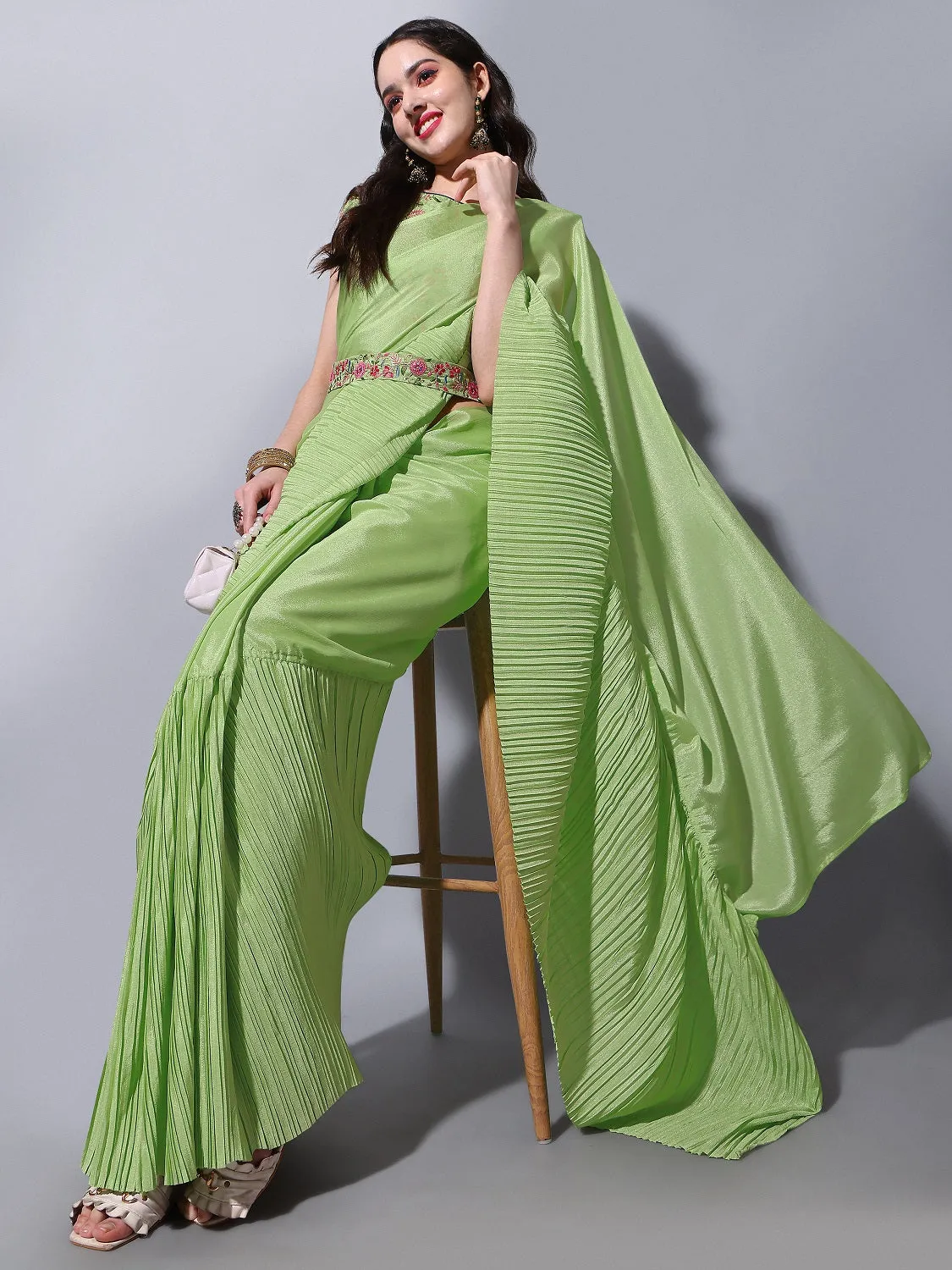 Women Party Wear Half Crush and Half Plain Pista Colour Chinon Saree Collection