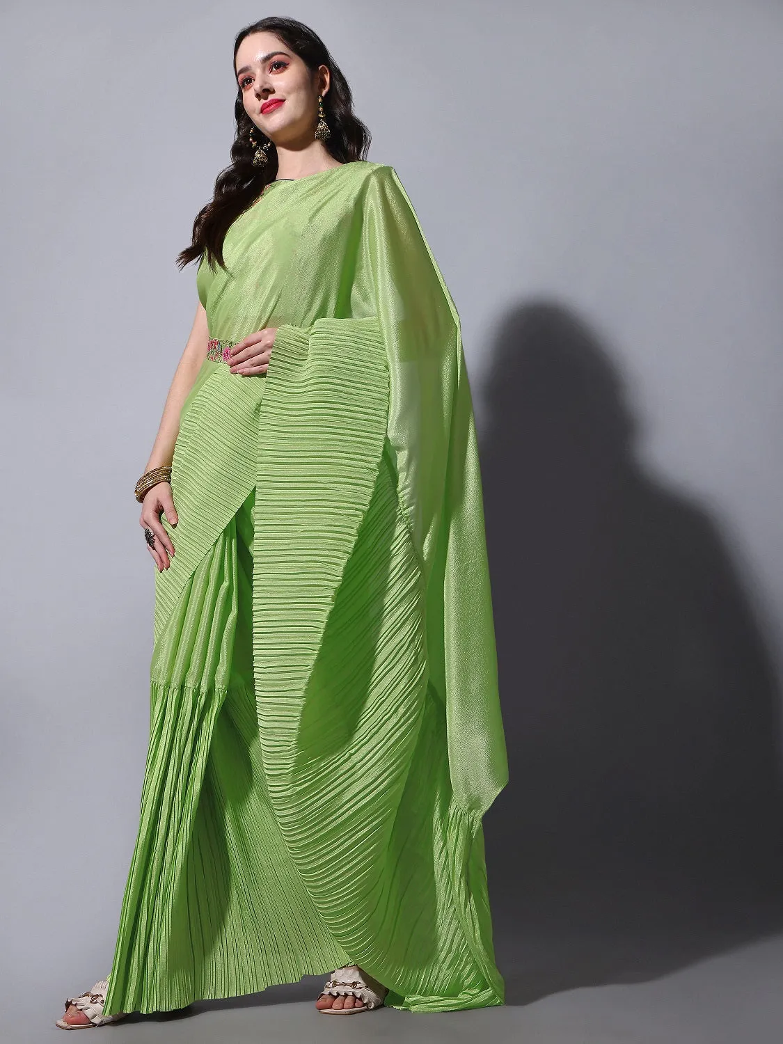 Women Party Wear Half Crush and Half Plain Pista Colour Chinon Saree Collection
