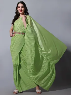 Women Party Wear Half Crush and Half Plain Pista Colour Chinon Saree Collection